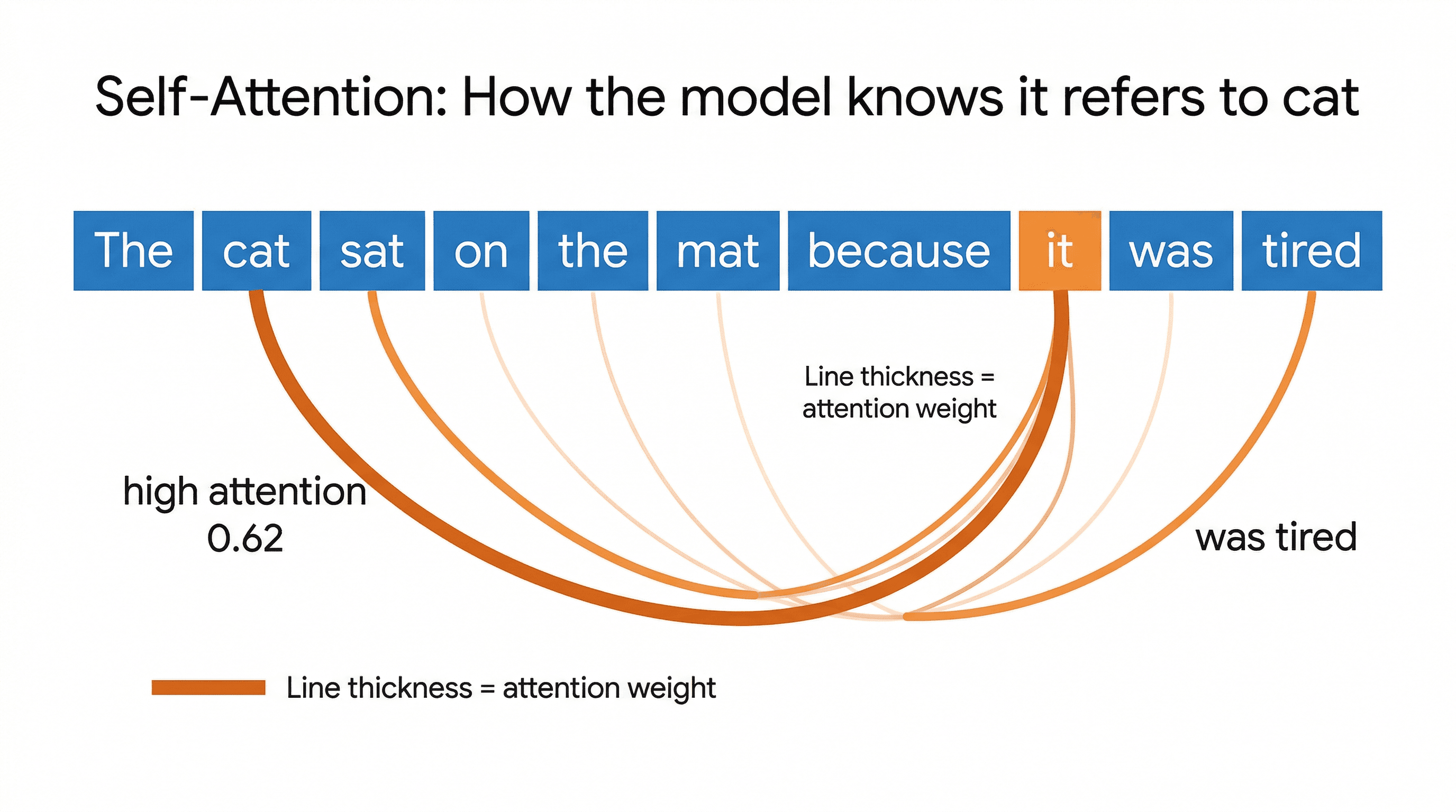 Self-attention diagram showing how the word 'it' in 'The cat sat on the mat because it was tired' attends most strongly to 'cat' with attention weight 0.62