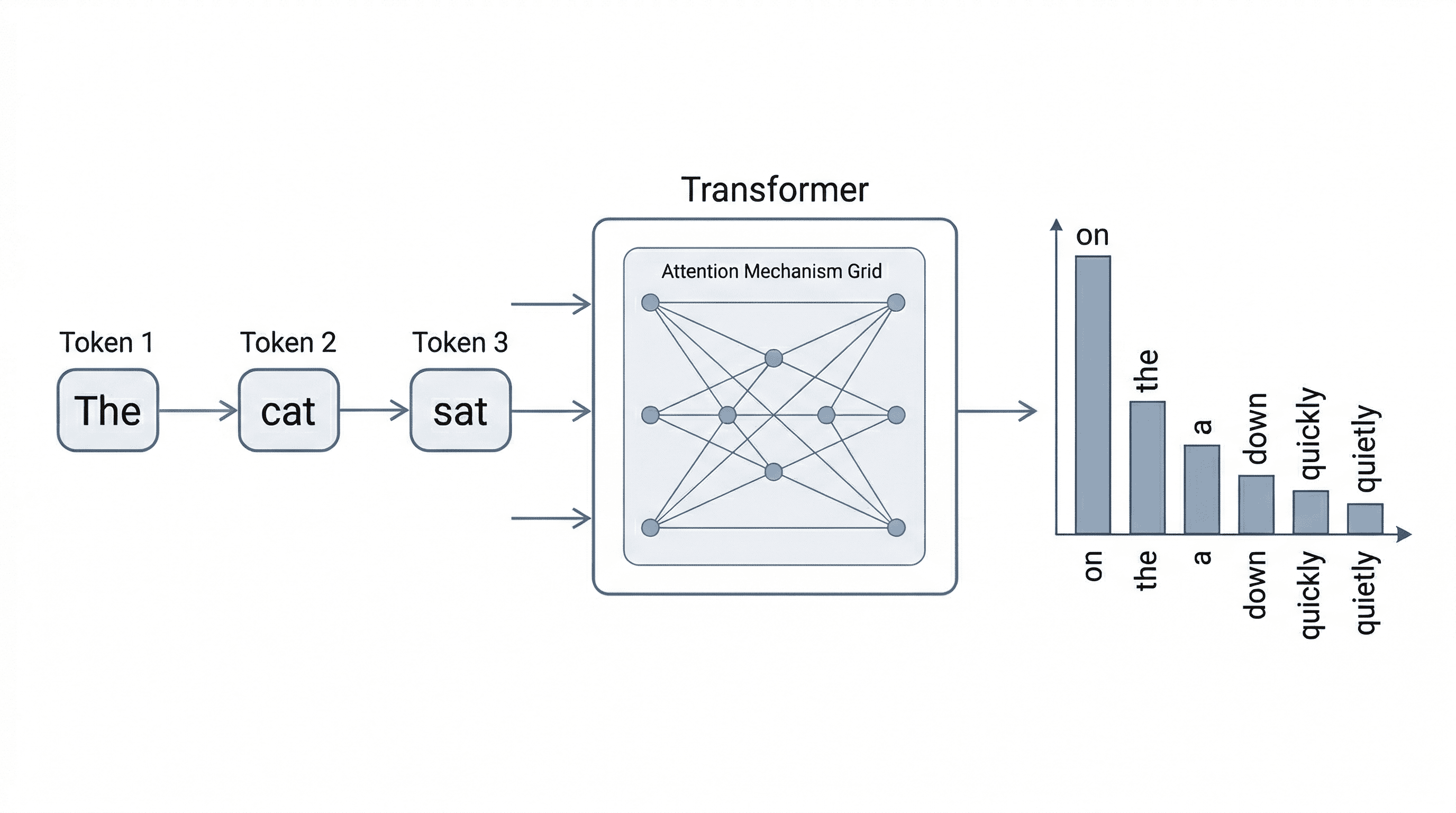 Diagram showing how an LLM processes text: tokens flow through a transformer with attention mechanisms to produce next-word probability predictions