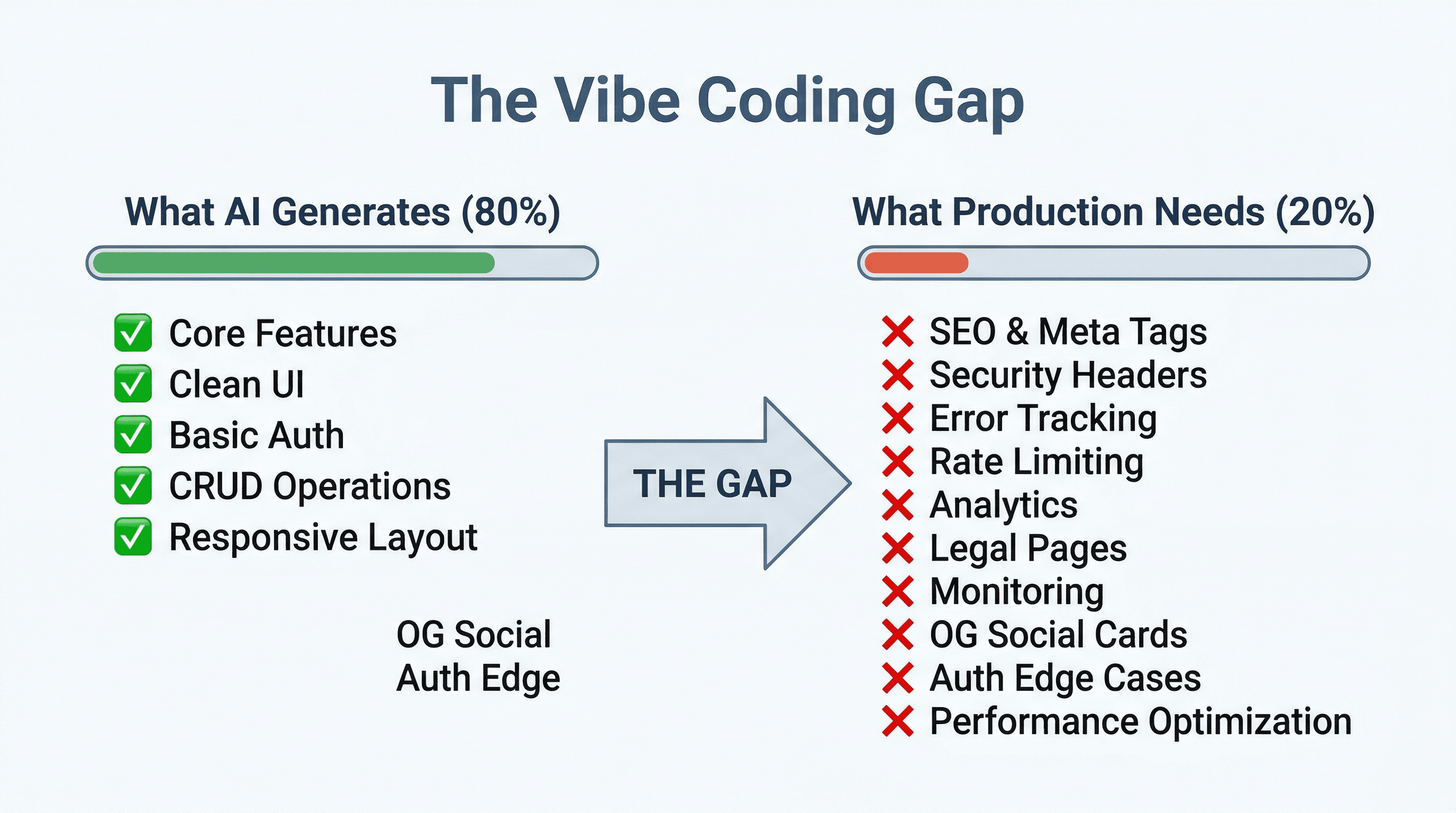 The Vibe Coding Gap: What AI generates (80%) like core features, clean UI, basic auth vs what production needs (20%) like SEO, security headers, error tracking, rate limiting, and monitoring
